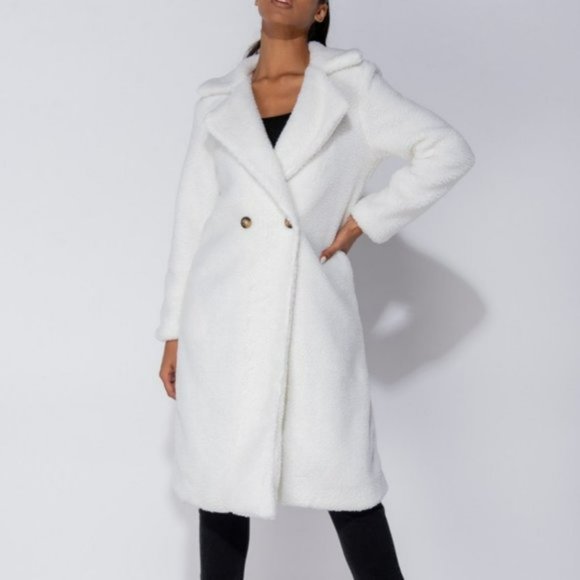 White Long Sleeve Double Breasted Loose Fit Long Maxi Teddy Bear Fur Coat - Picture 9 of 16
